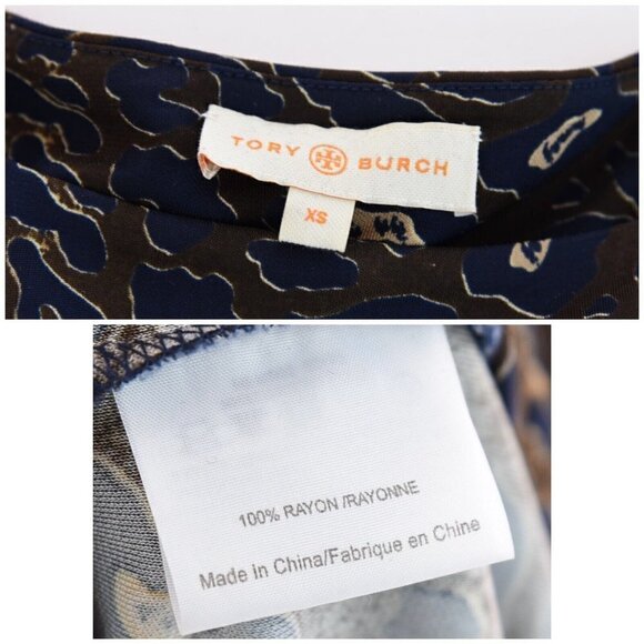 Tory Burch Sz XS Belted Shift Dress Pleated Drop Waist Slinky Brown Blue Stretch - Picture 10 of 12